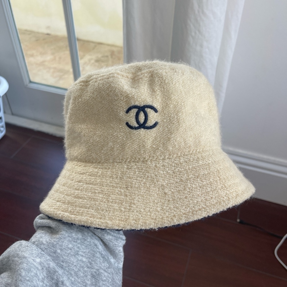 CHANEL Terrycloth Textured Bucket Hat with Iconic Logo